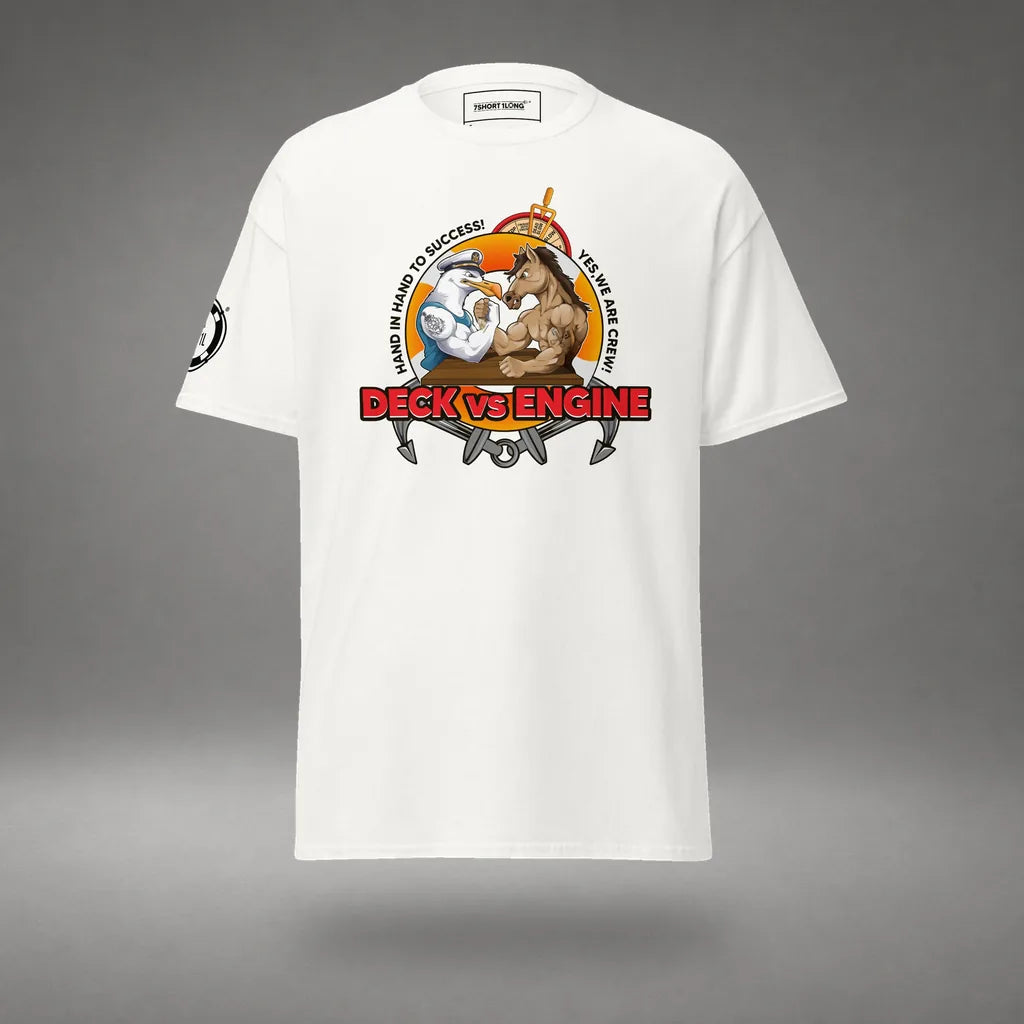 Deck Vs Engine Department T-Shirt in White, front view, floating over a gray studio floor.