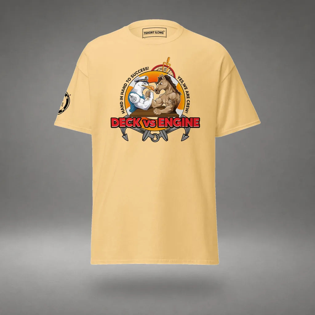 Deck Vs Engine Department T-Shirt in Yellow Haze, front view, floating over a gray studio floor.