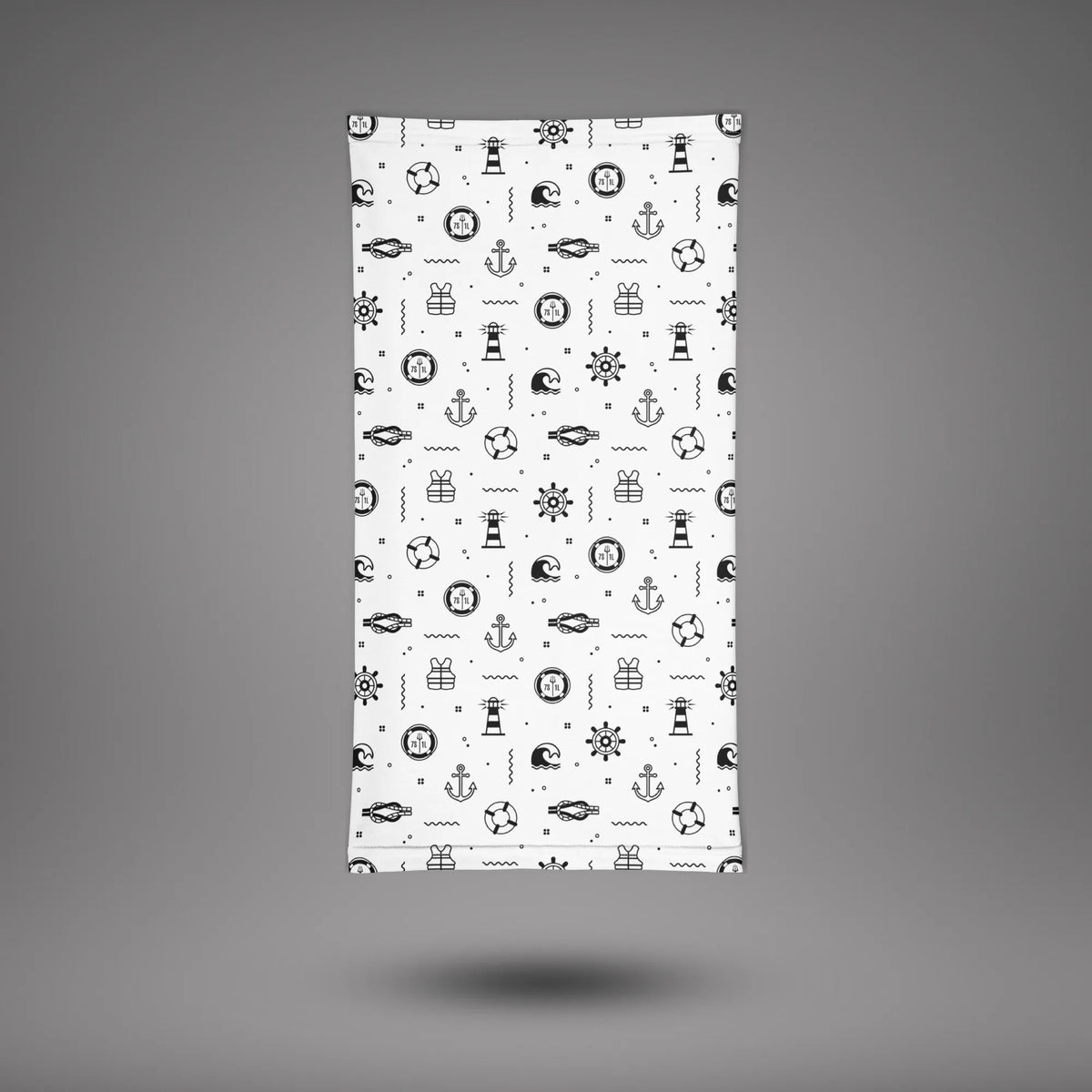 Deck Work neck gaiter laid flat, white fabric with black nautical icons