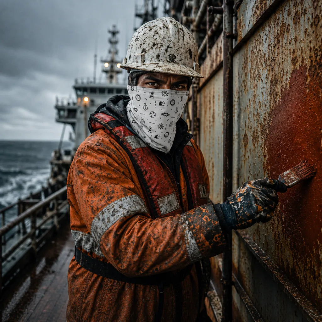 White deck work neck gaiter with black maritime pattern worn by a crew member painting rusted ship steel in rough weather.