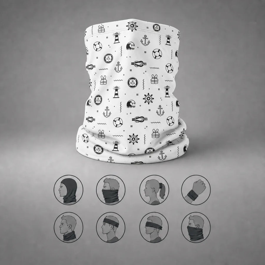 White deck work neck gaiter with black maritime symbol pattern, upright front view with eight wearing-style icons.