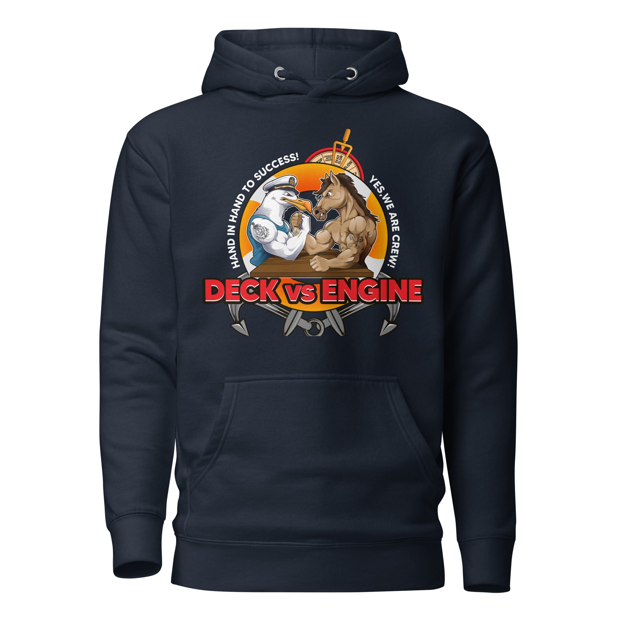 Front view of 7SHORT1LONG® Deck vs Engine Department Hoodie featuring bold graphic print on soft fabric.