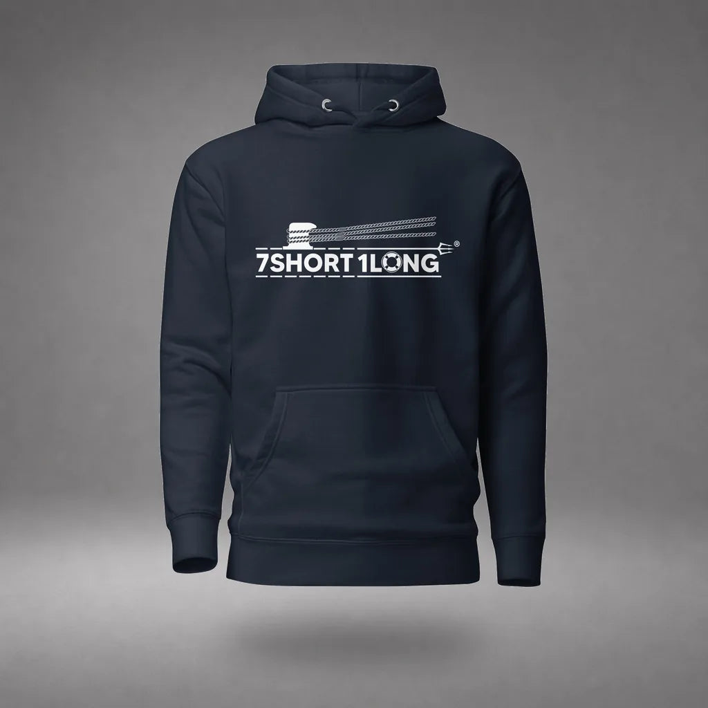 Deckhand Crew Maritime Hoodie in Navy Blazer, front view, floating over a gray studio floor.