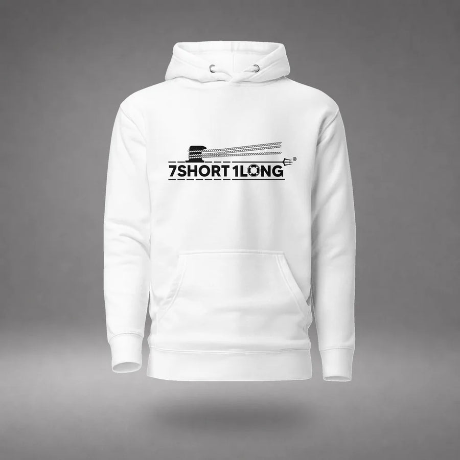 Deckhand Crew Maritime Hoodie in White, front view, floating over a gray studio floor.