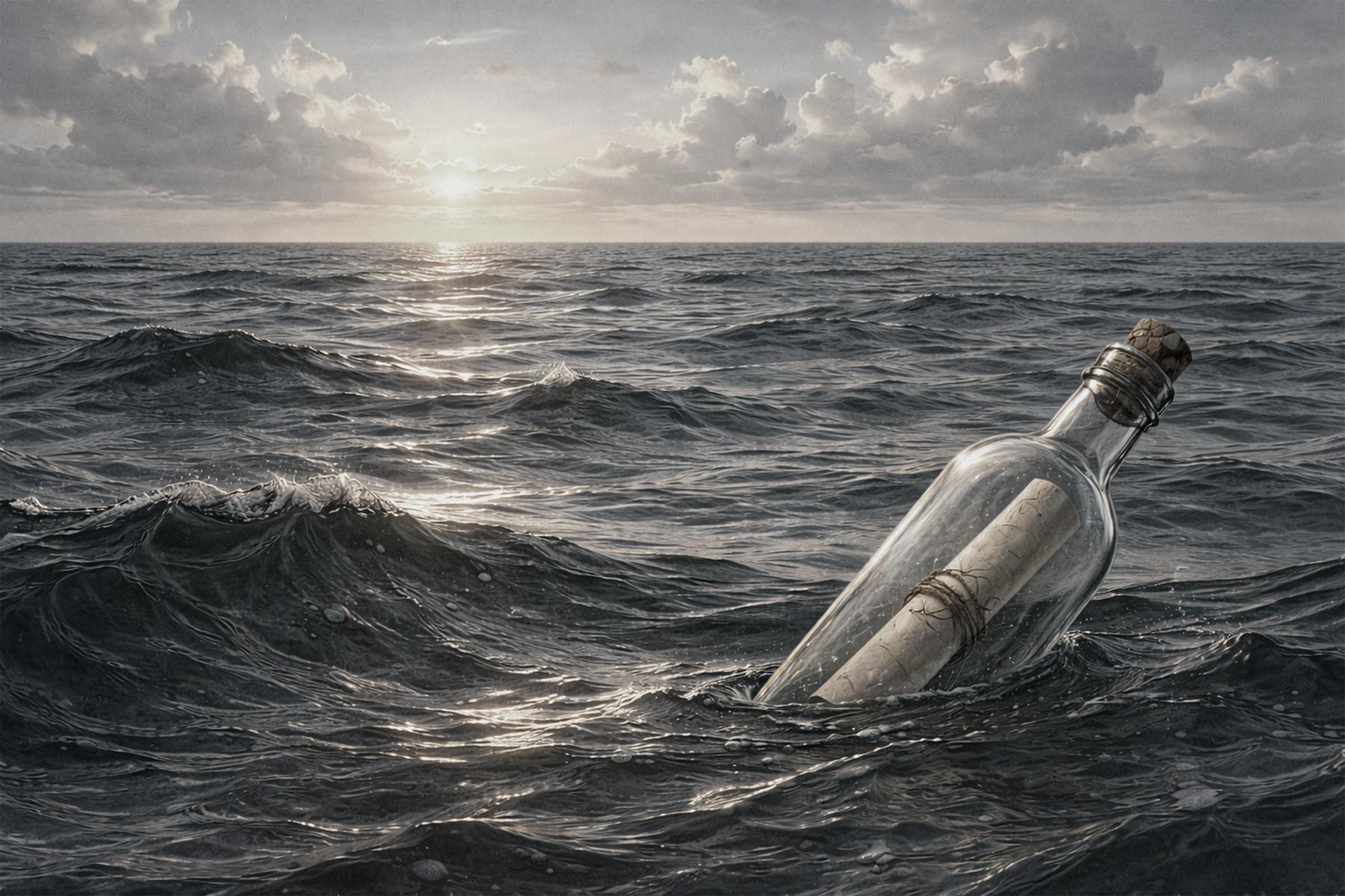 Glass bottle with a message inside floating in the ocean with a dramatic sky.