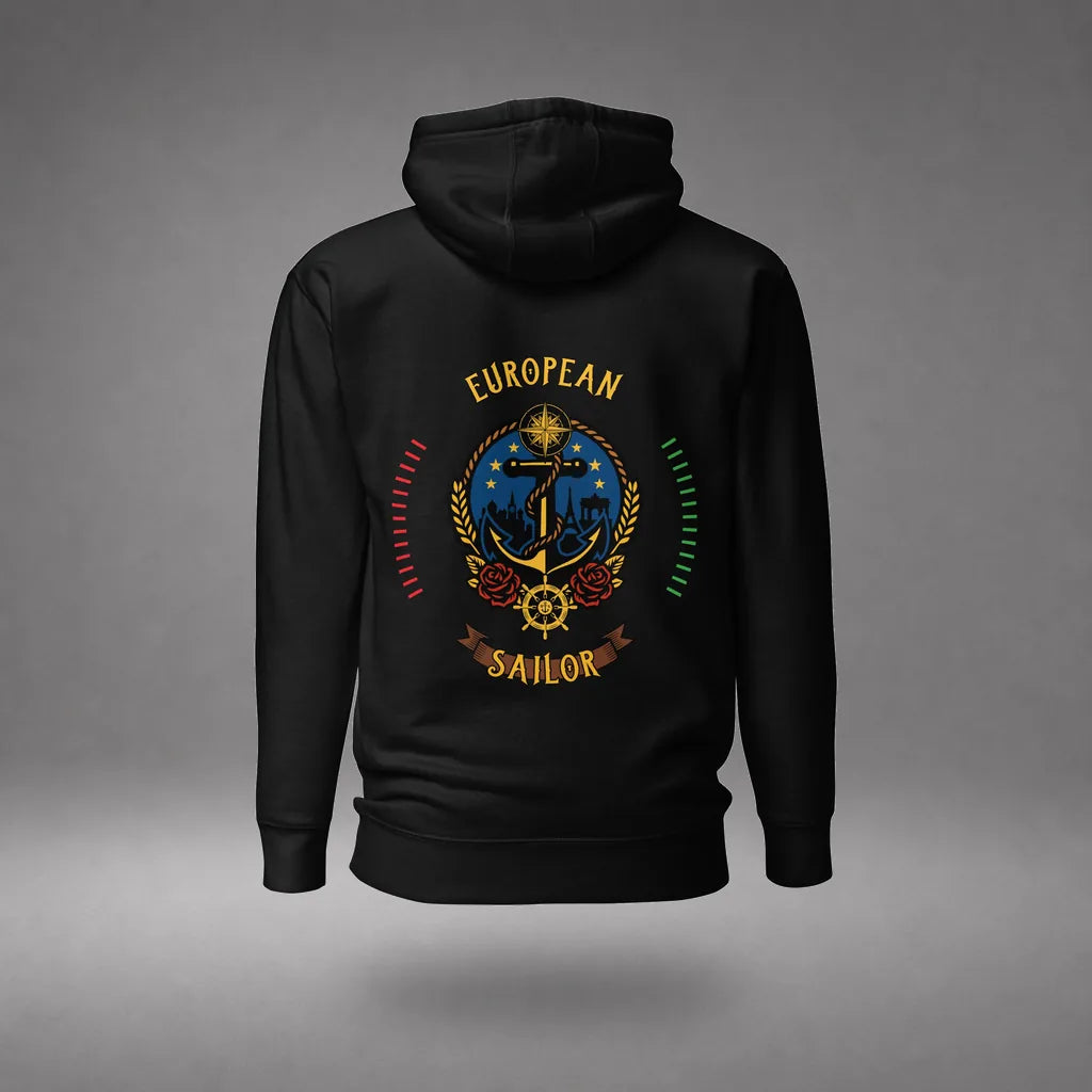 European Sailor Hoodie in Black, back view, floating over a gray studio floor.
