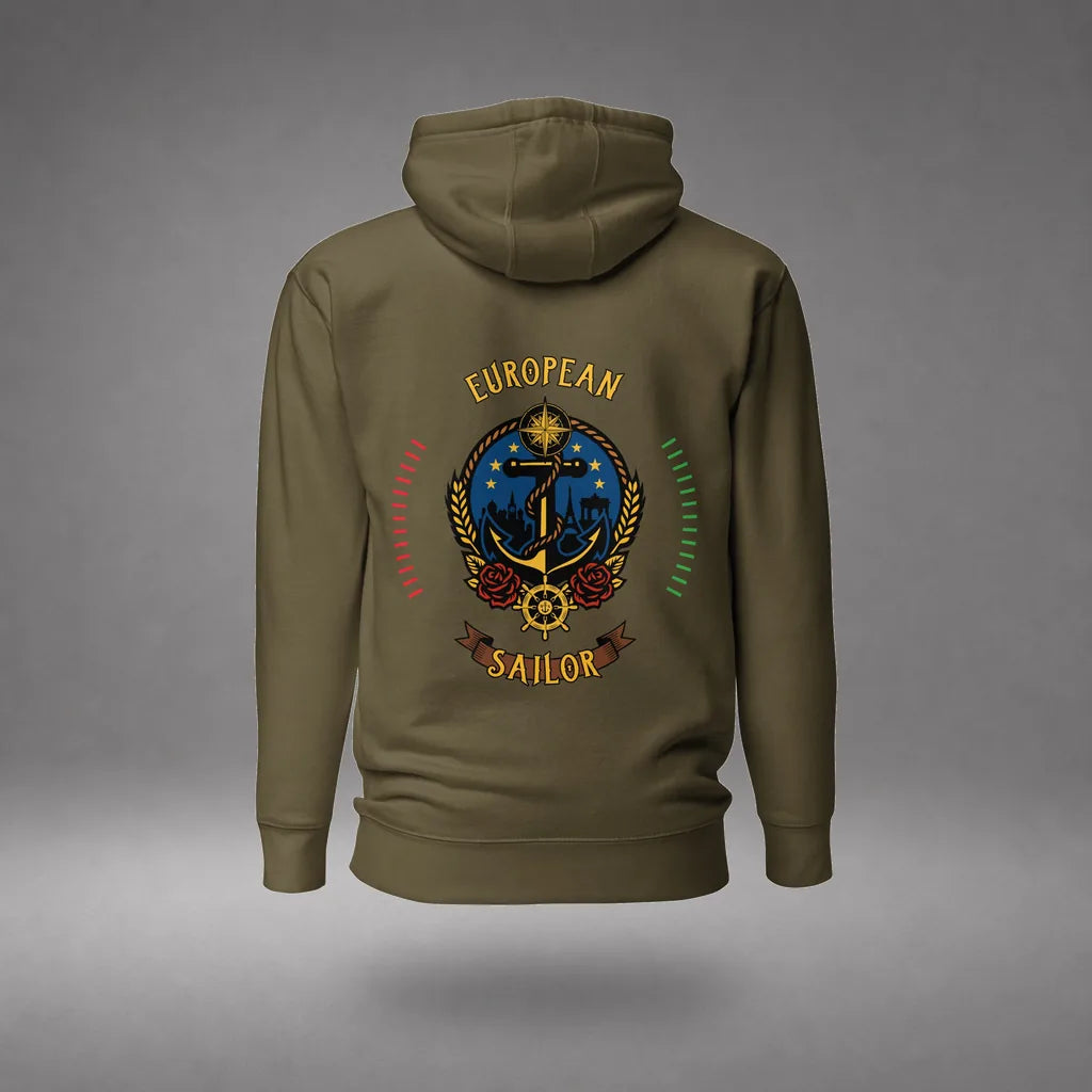 European Sailor Hoodie in Military Green, back view, floating over a gray studio floor.