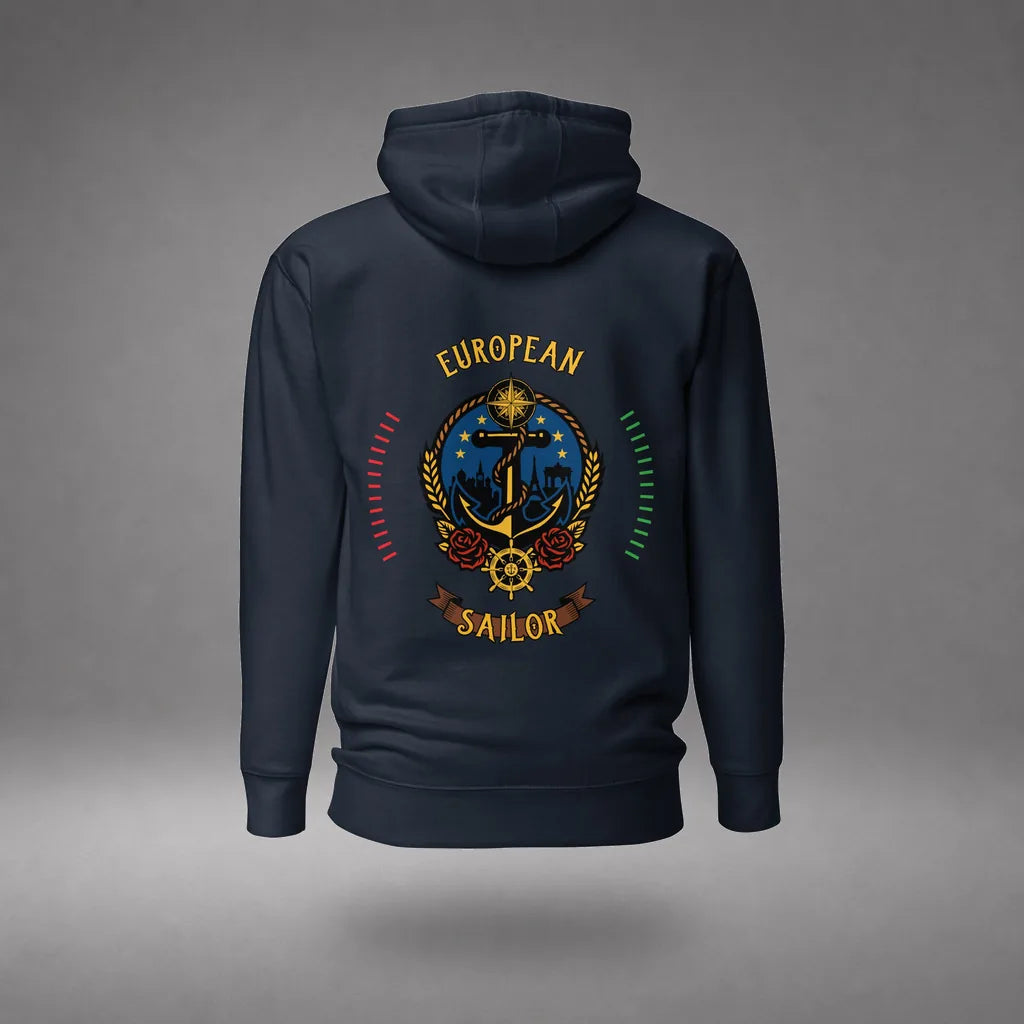 European Sailor Hoodie in Navy Blazer, back view, floating over a gray studio floor.