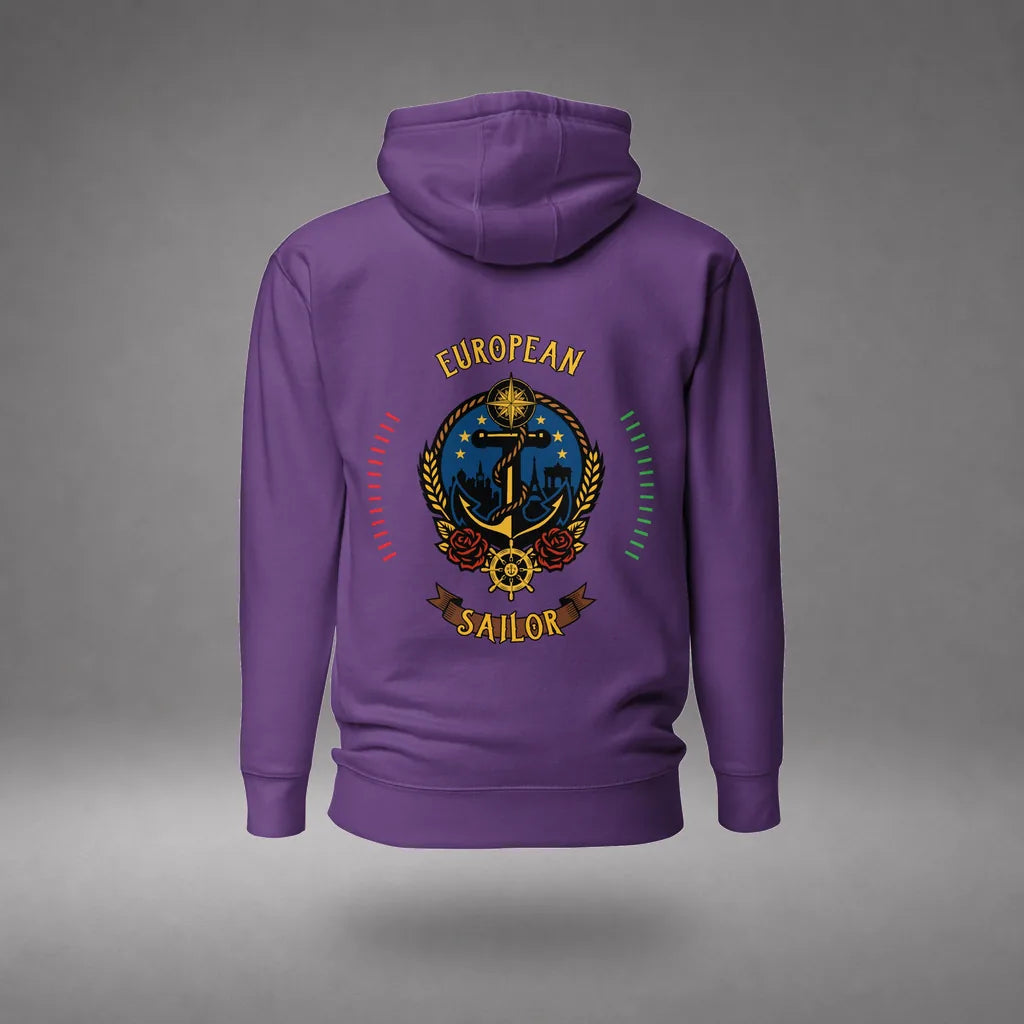 European Sailor Hoodie in Purple, back view, floating over a gray studio floor.