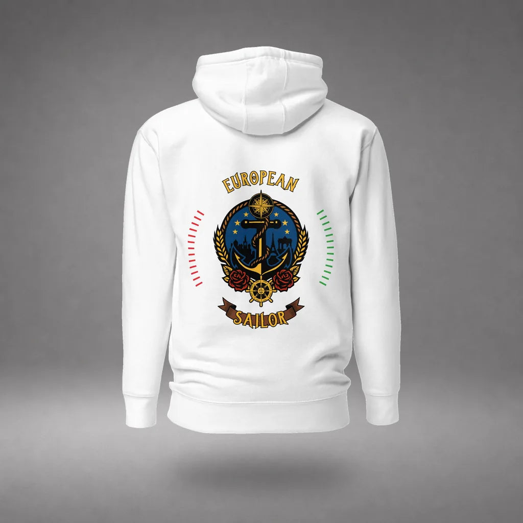 European Sailor Hoodie in White, featured product view, floating over a gray studio floor.
