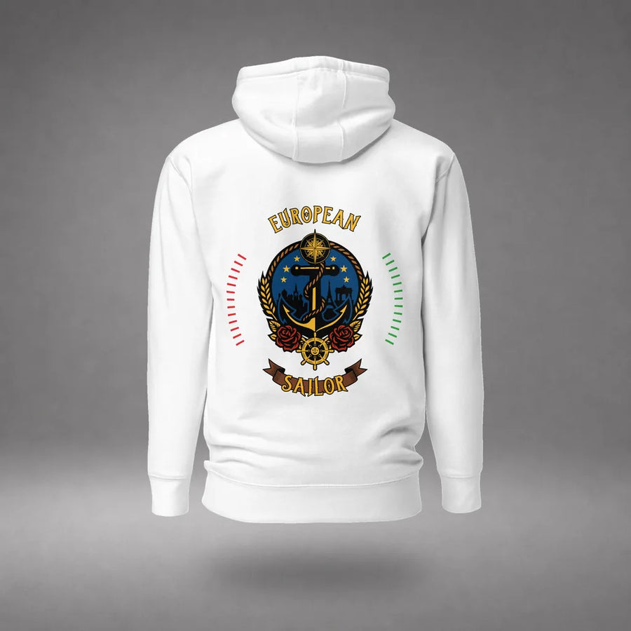 European Sailor Hoodie in White, featured product view, floating over a gray studio floor.