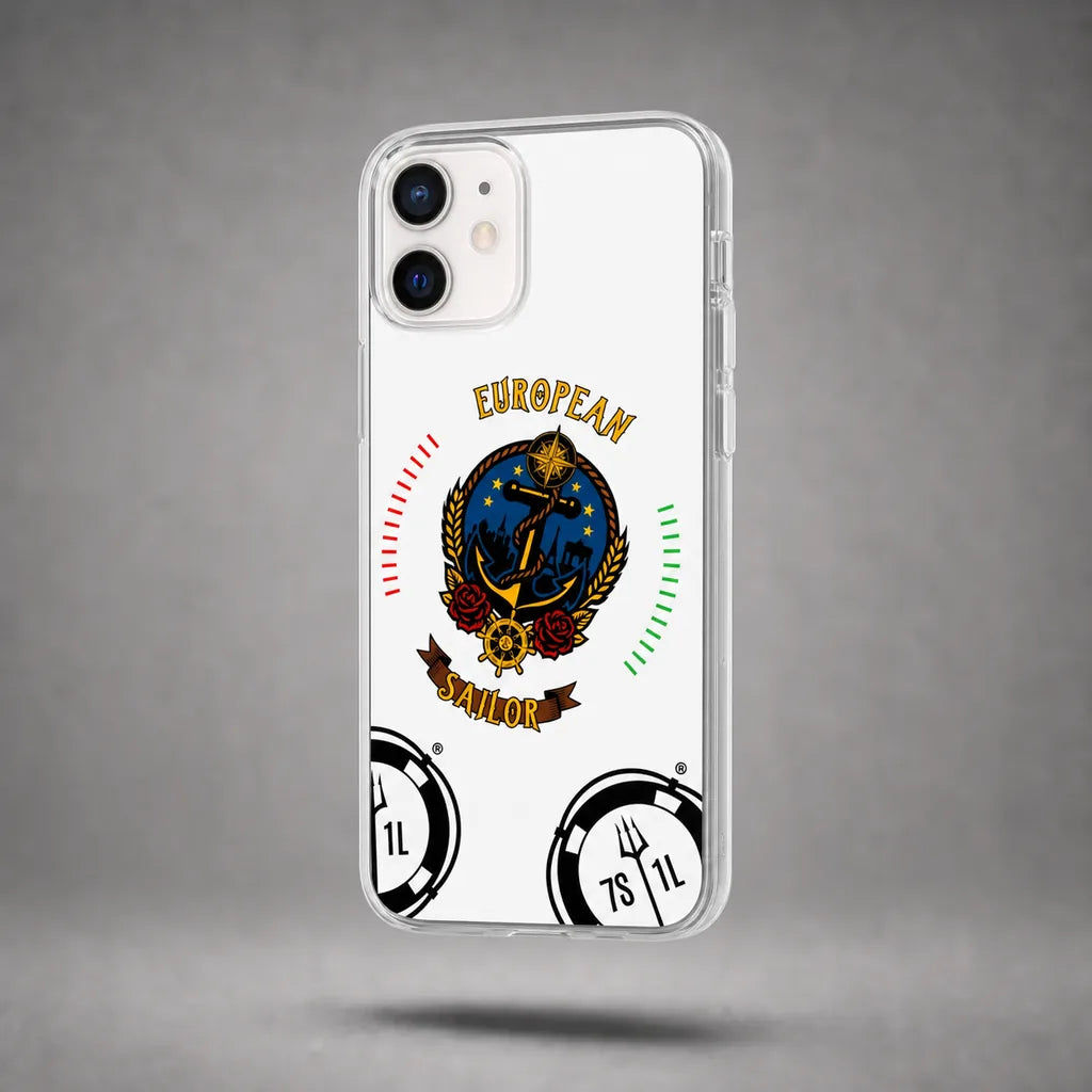 Clear European Sailor case for iPhone 12 with maritime anchor artwork, floating above a grey studio floor with a soft shadow.