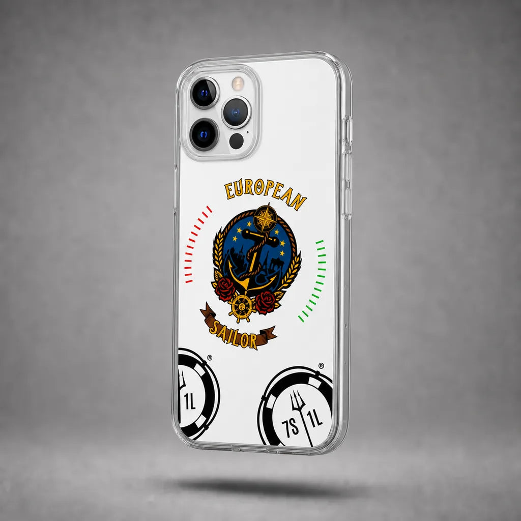 Clear European Sailor case for iPhone 12 Pro with maritime anchor artwork, floating above a grey studio floor with a soft shadow.