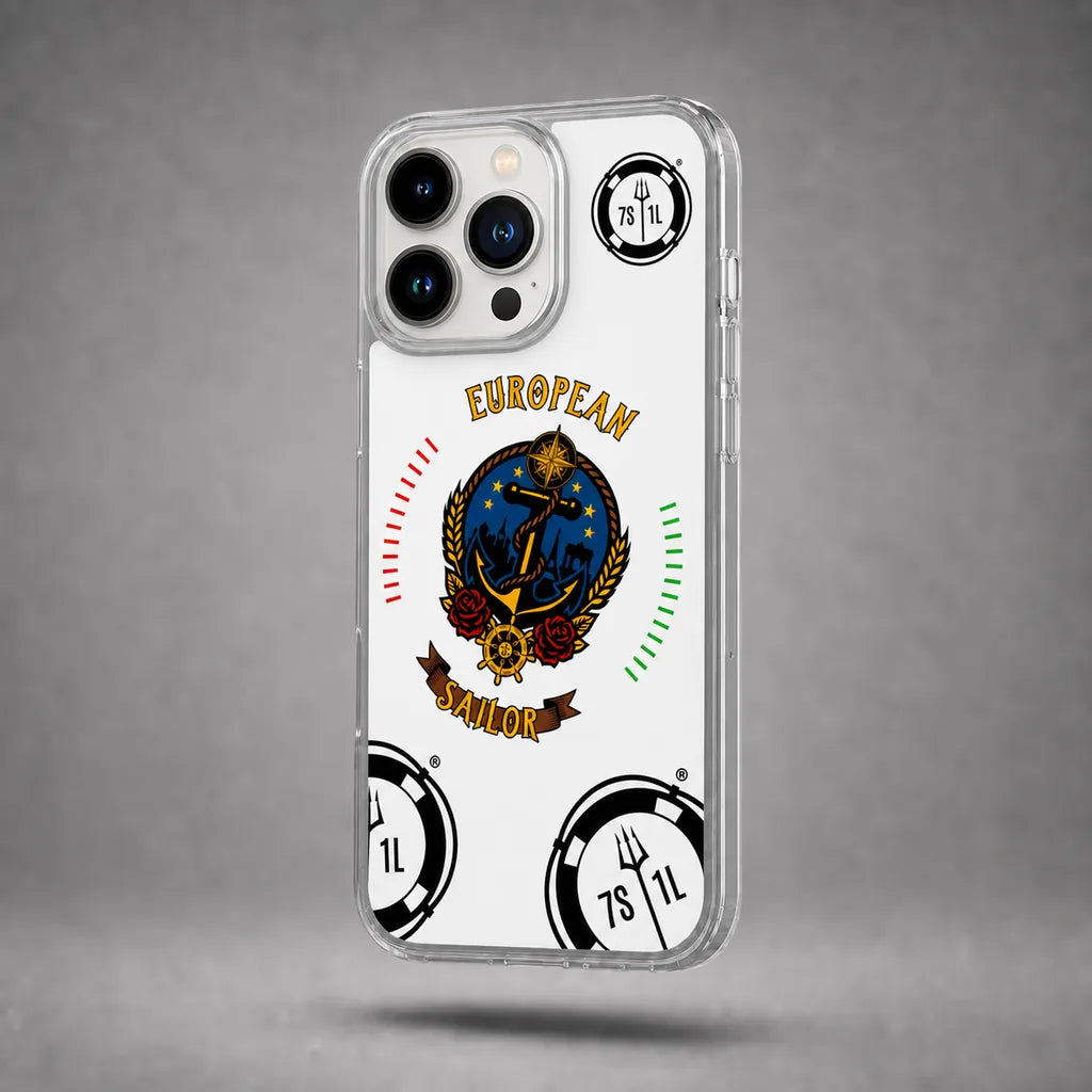 Clear European Sailor case for iPhone 13 Pro with maritime anchor artwork, floating above a grey studio floor with a soft shadow.