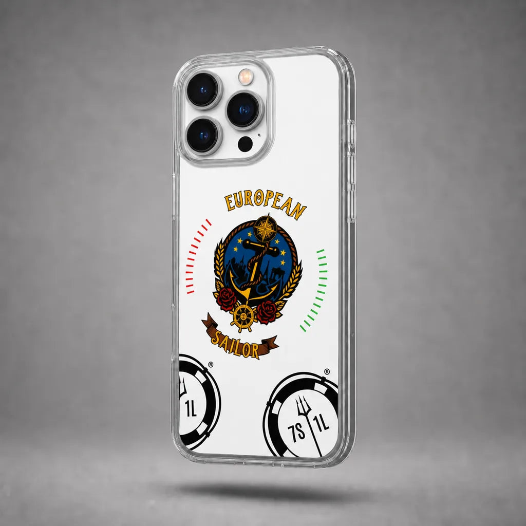 Clear European Sailor case for iPhone 13 Pro Max with maritime anchor artwork, floating above a grey studio floor with a soft shadow.