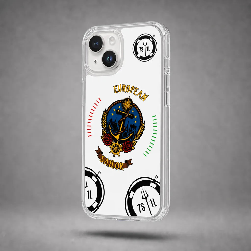 Clear European Sailor case for iPhone 14 with maritime anchor artwork, floating above a grey studio floor with a soft shadow.