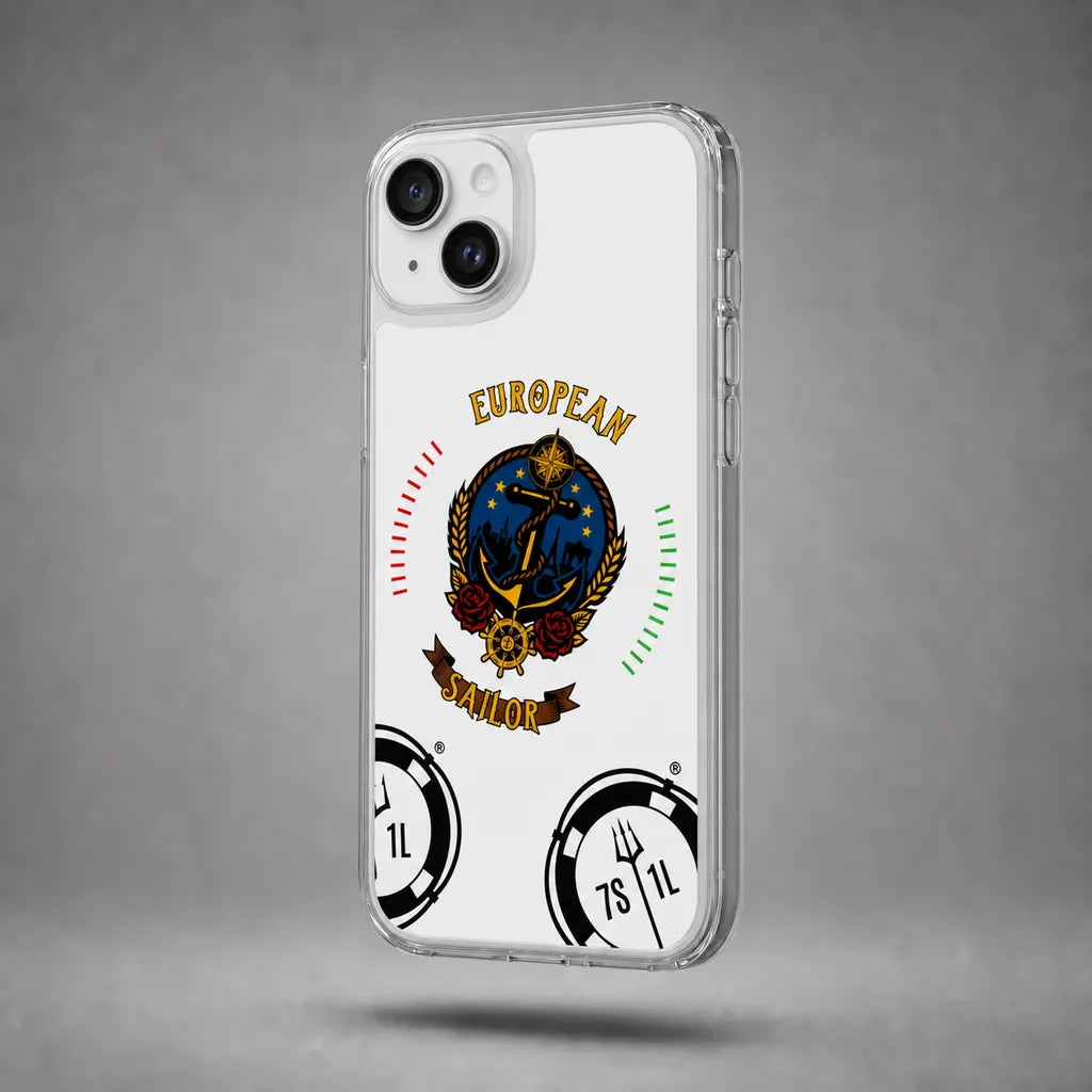 Clear European Sailor case for iPhone 14 Plus with maritime anchor artwork, floating above a grey studio floor with a soft shadow.