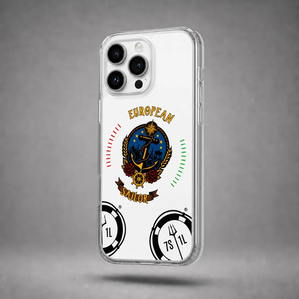 Clear European Sailor case for iPhone 14 Pro Max with maritime anchor artwork, floating above a grey studio floor with a soft shadow.