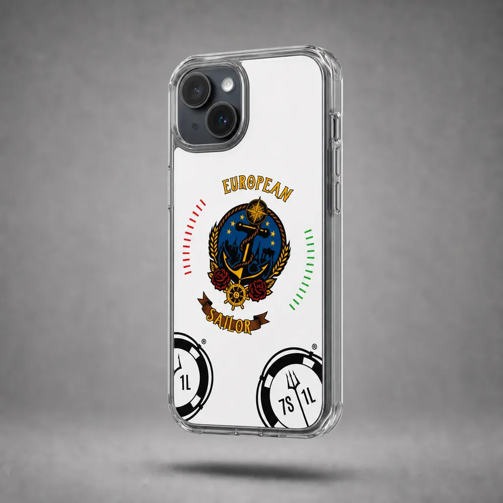 Clear European Sailor case for iPhone 15 with maritime anchor artwork, floating above a grey studio floor with a soft shadow.
