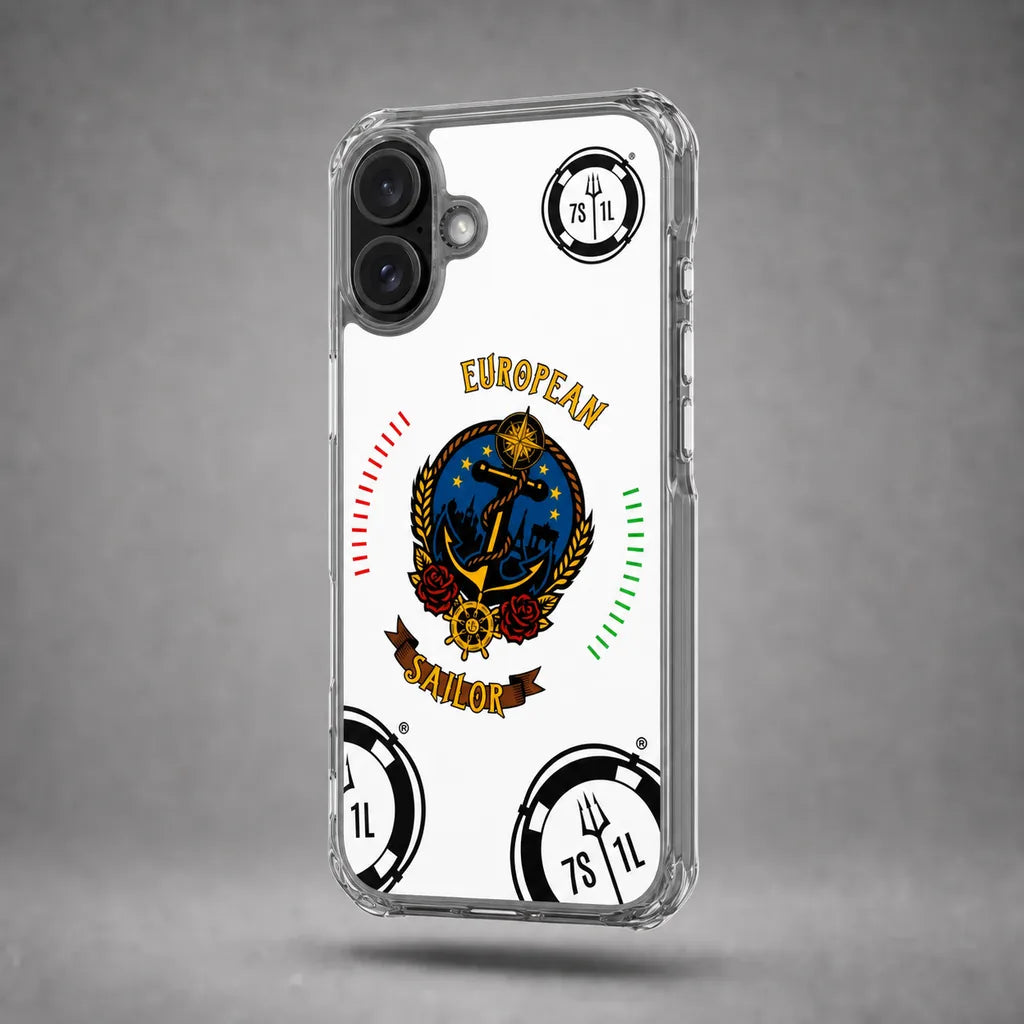 Clear European Sailor case for iPhone 16 with maritime anchor artwork, floating above a grey studio floor with a soft shadow.