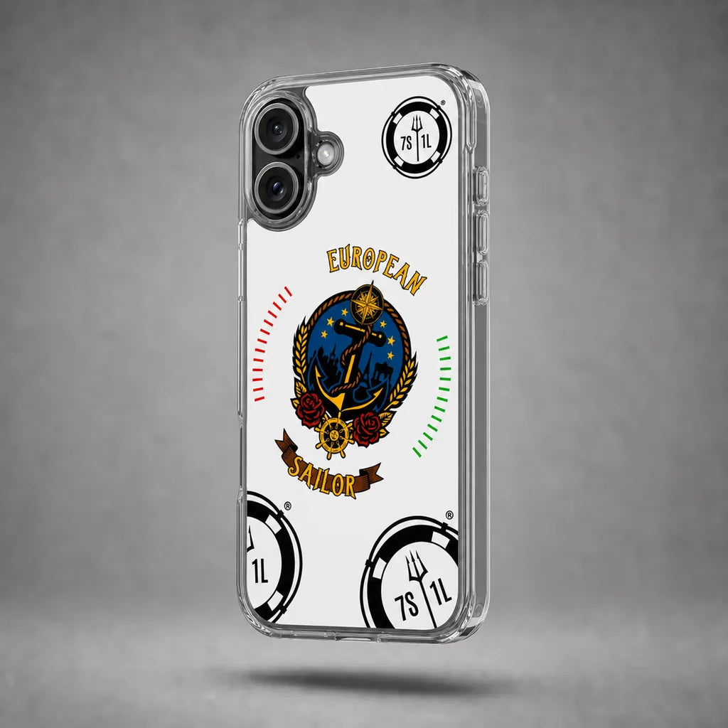 Clear European Sailor case for iPhone 16 Plus with maritime anchor artwork, floating above a grey studio floor with a soft shadow.
