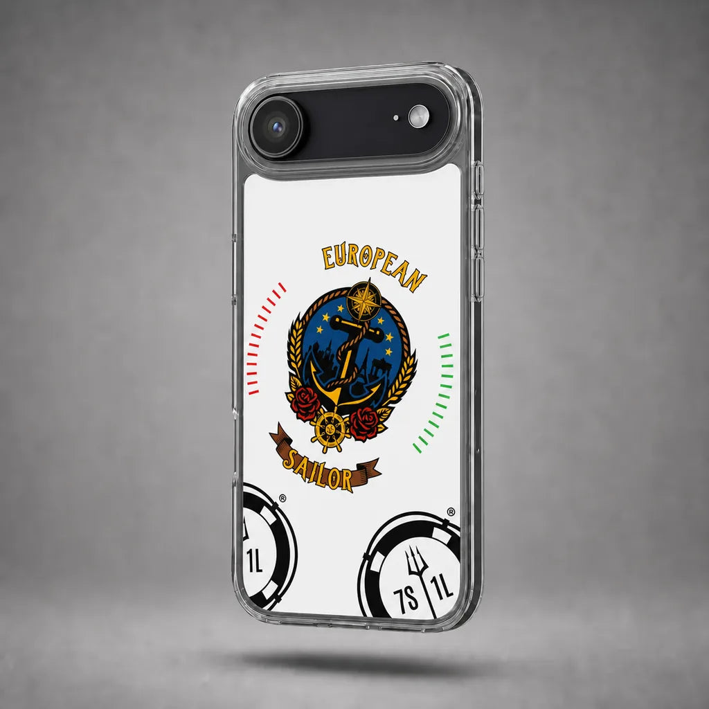 Clear European Sailor case for iPhone 17 Air with maritime anchor artwork, floating above a grey studio floor with a soft shadow.