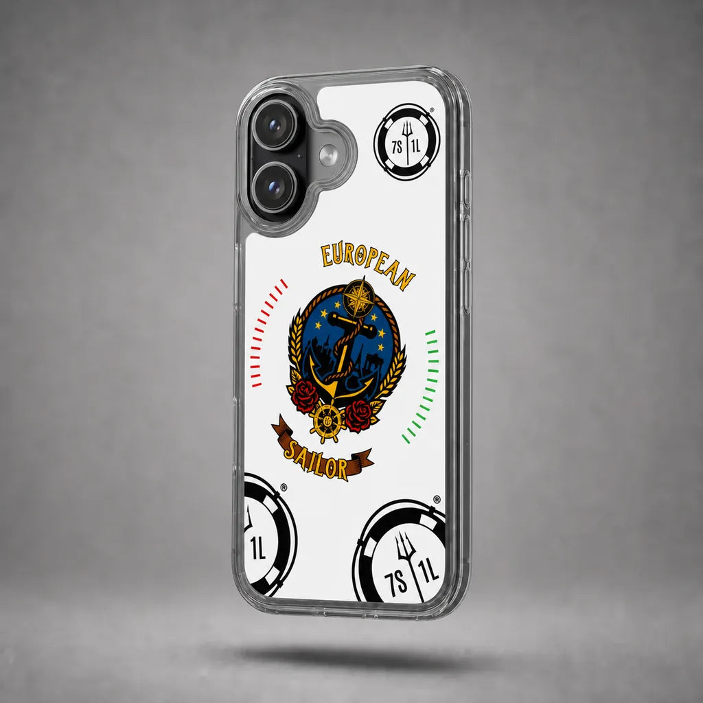 Clear European Sailor case for iPhone 17 with maritime anchor artwork, floating above a grey studio floor with a soft shadow.