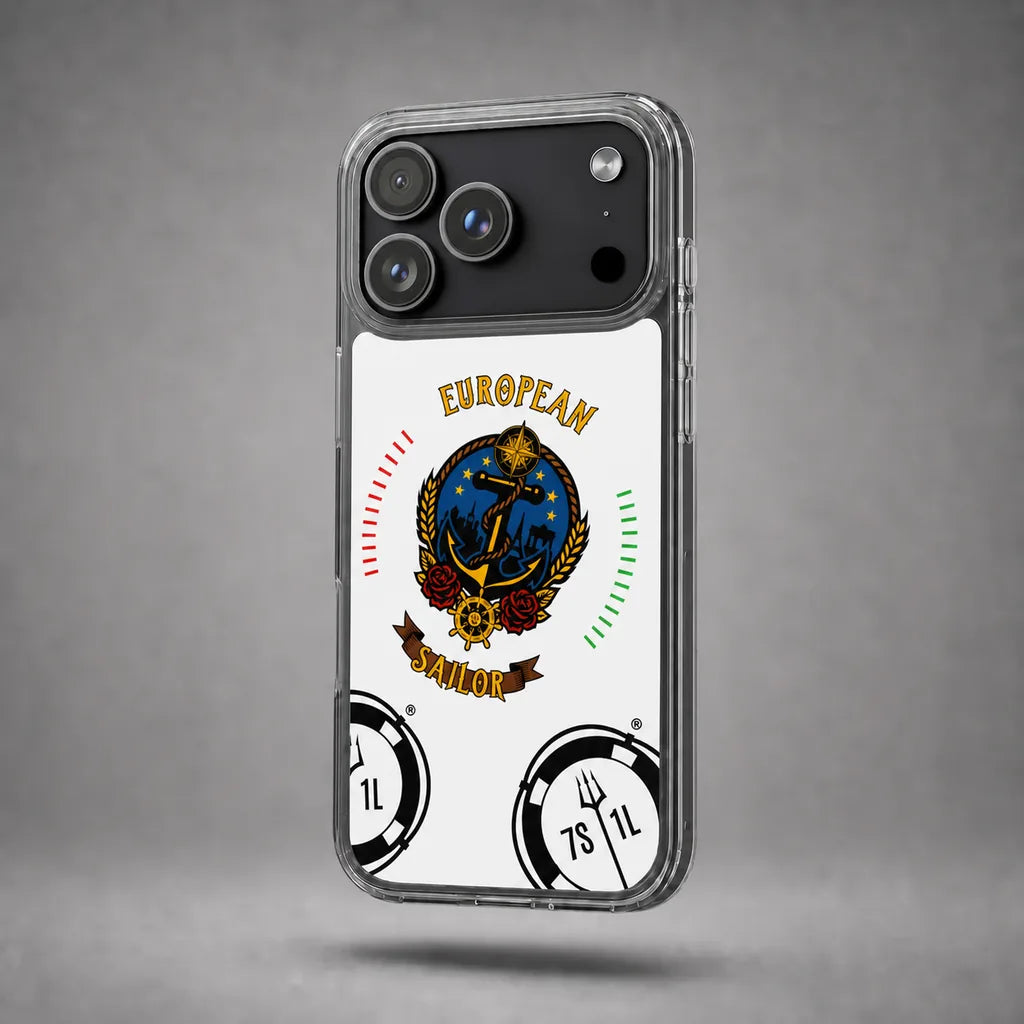 Clear European Sailor case for iPhone 17 Pro with maritime anchor artwork, floating above a grey studio floor with a soft shadow.