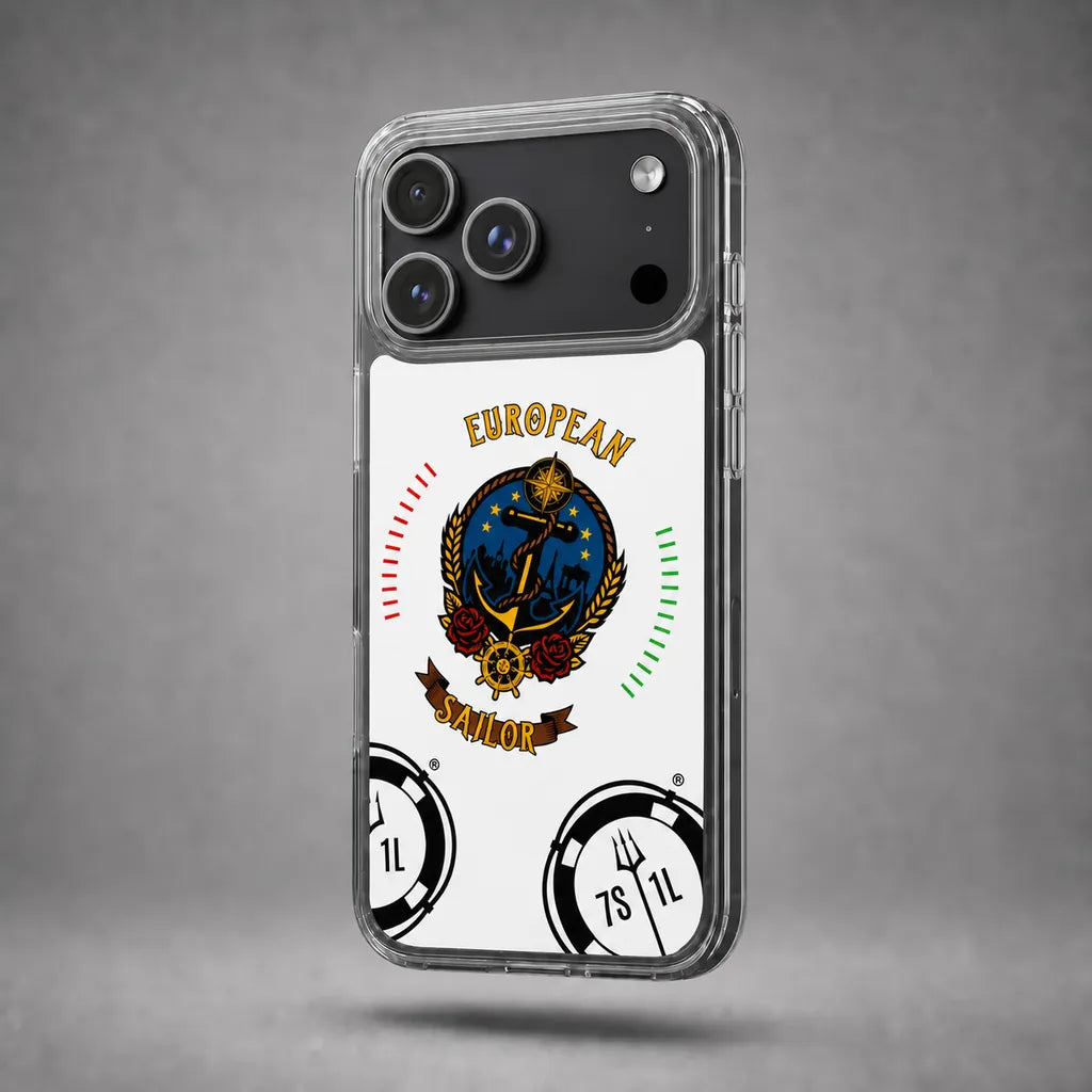 Clear European Sailor case for iPhone 17 Pro Max with maritime anchor artwork, floating above a grey studio floor with a soft shadow.