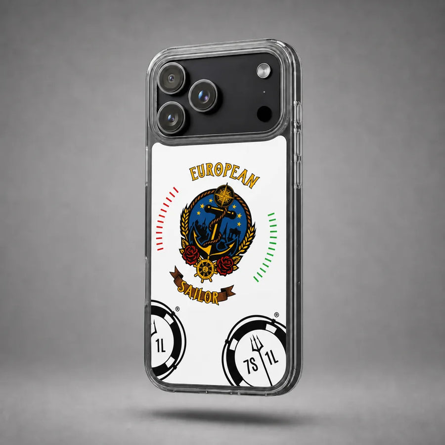 Clear European Sailor iPhone case with anchor artwork, floating above a grey studio floor with a soft shadow.