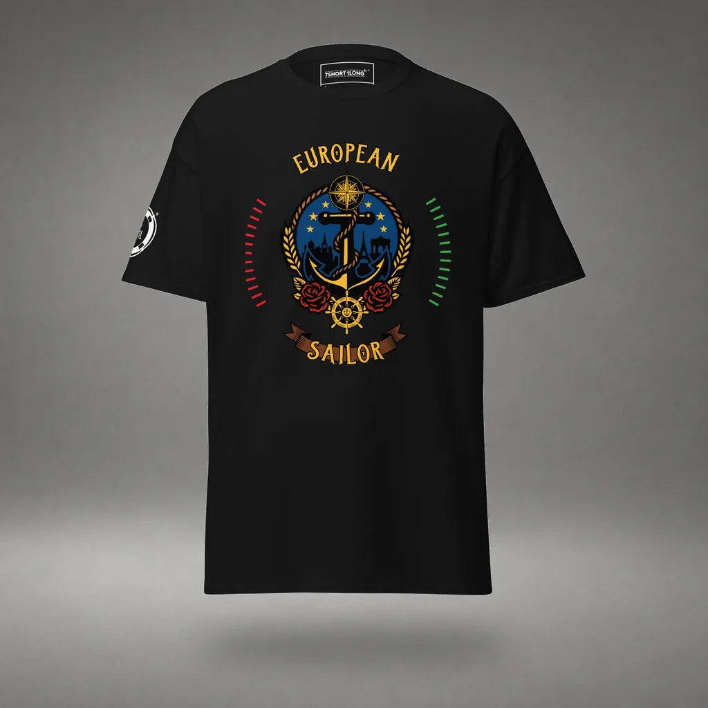 European Sailor T-Shirt in Black, front view, floating over a gray studio floor.