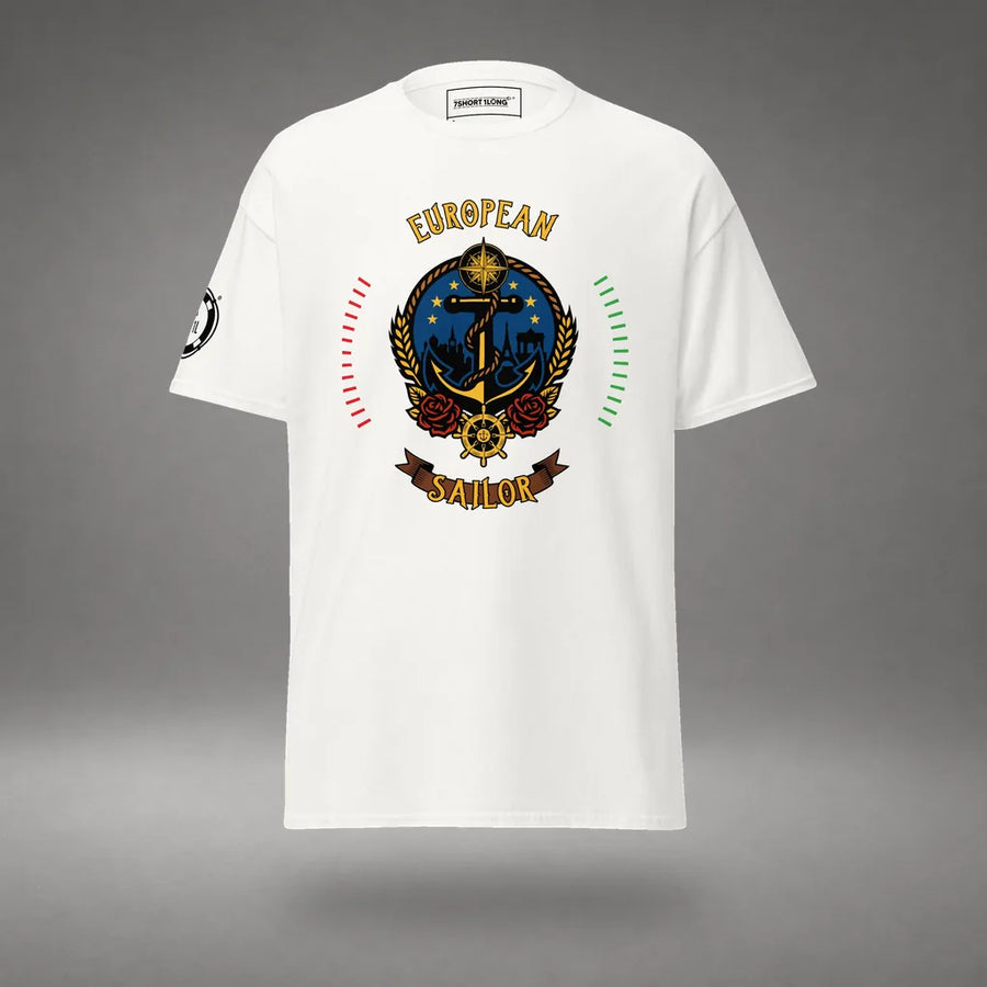 European Sailor T-Shirt in White, featured product view, floating over a gray studio floor.