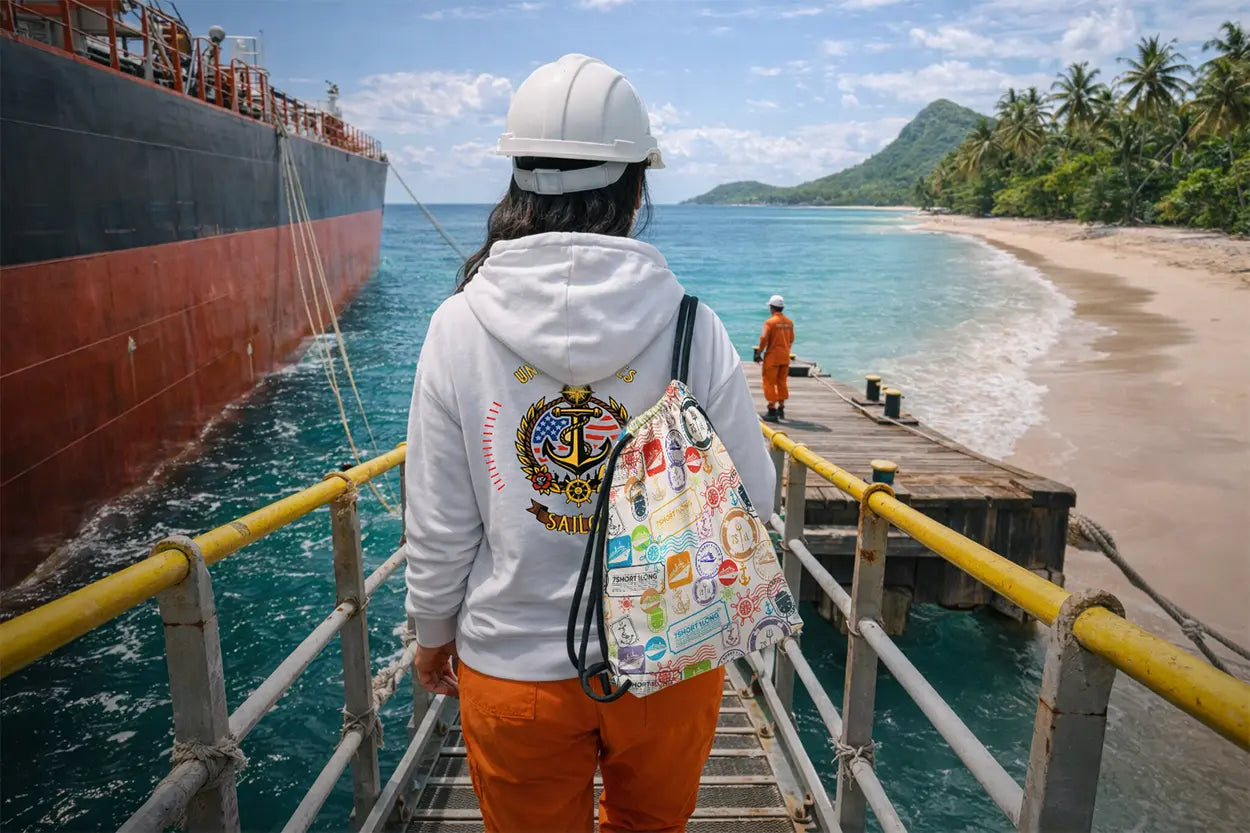 cruise ship geust is leaving the ship with a shore excursion day pack to go shore leave