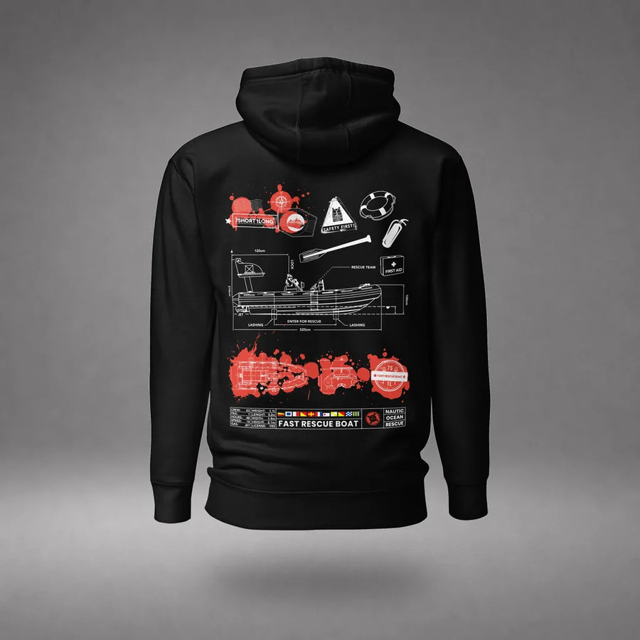 Fast Rescue Boat Hoodie in Black, back view, floating over a gray studio floor.
