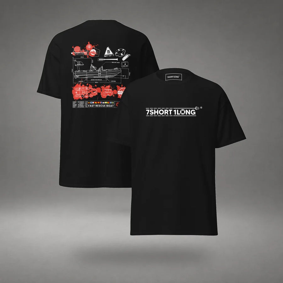 Fast Rescue Boat Nautical Crew T-Shirt in Black, featured product view, floating over a gray studio floor.