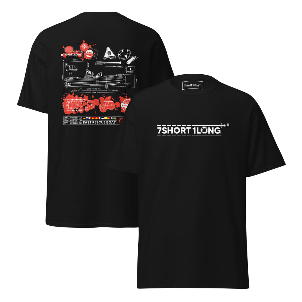 Nautical crew T-shirt featuring a fast rescue boat graphic from 7SHORT1LONG®, casual maritime clothing for men and women.