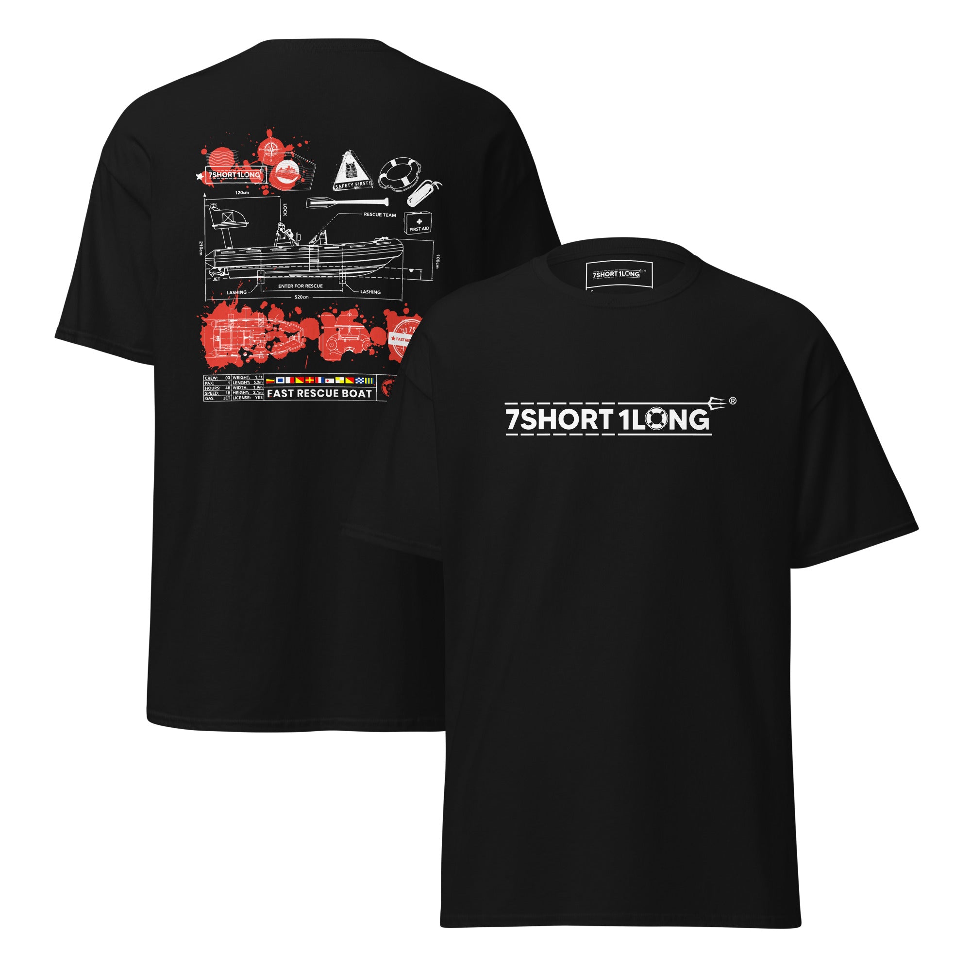 Nautical crew T-shirt featuring a fast rescue boat graphic from 7SHORT1LONG®, casual maritime clothing for men and women.