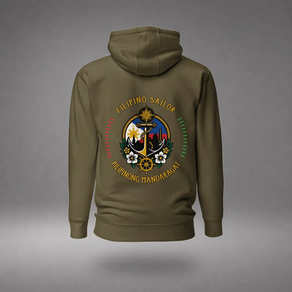 Filipino Sailor Hoodie in Military Green, back view, floating over a gray studio floor.