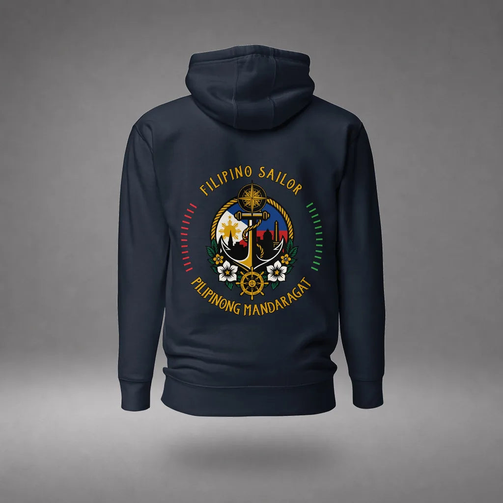 Filipino Sailor Hoodie in Navy Blazer, back view, floating over a gray studio floor.