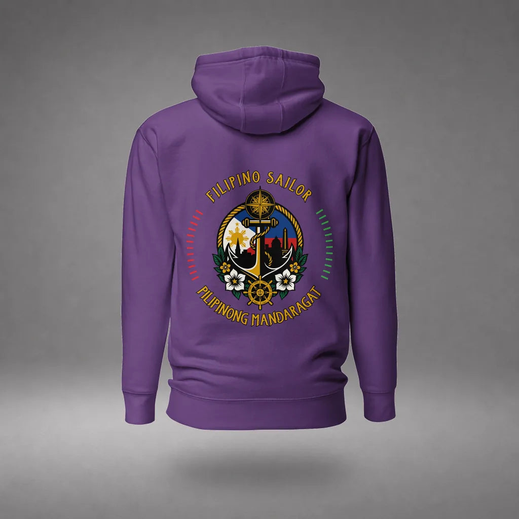 Filipino Sailor Hoodie in Purple, back view, floating over a gray studio floor.