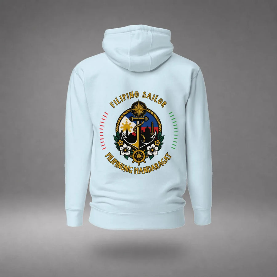 Filipino Sailor Hoodie in Sky Blue, featured product view, floating over a gray studio floor.