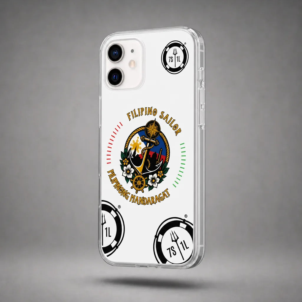Clear Filipino Sailor case for iPhone 12 with maritime anchor artwork, floating above a grey studio floor with a soft shadow.