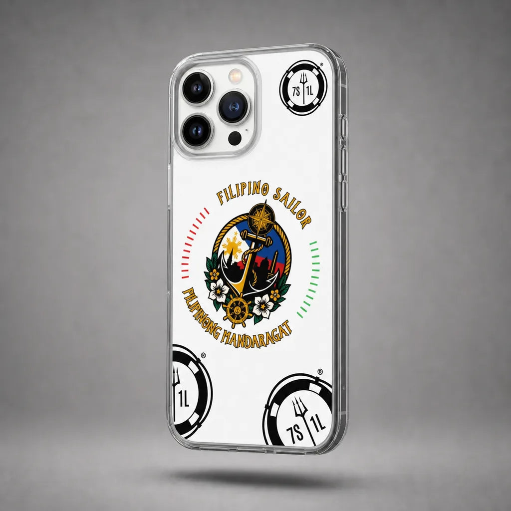 Clear Filipino Sailor case for iPhone 13 Pro Max with maritime anchor artwork, floating above a grey studio floor with a soft shadow.