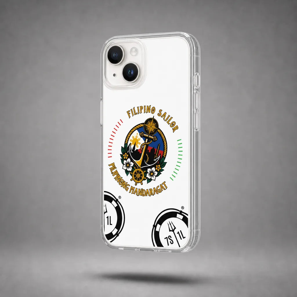 Clear Filipino Sailor case for iPhone 14 with maritime anchor artwork, floating above a grey studio floor with a soft shadow.