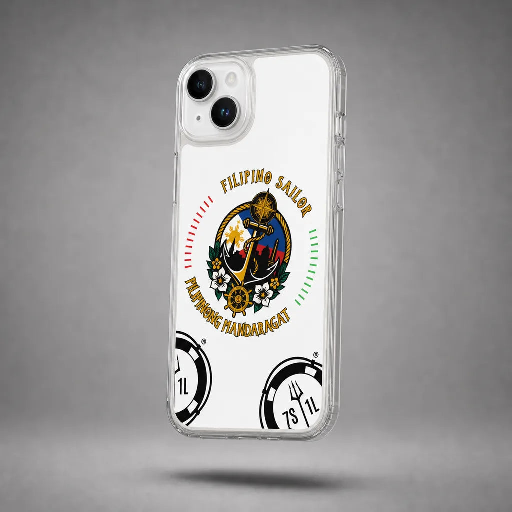 Clear Filipino Sailor case for iPhone 14 Plus with maritime anchor artwork, floating above a grey studio floor with a soft shadow.