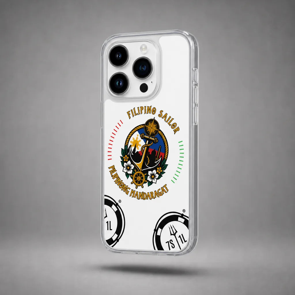 Clear Filipino Sailor case for iPhone 14 Pro with maritime anchor artwork, floating above a grey studio floor with a soft shadow.
