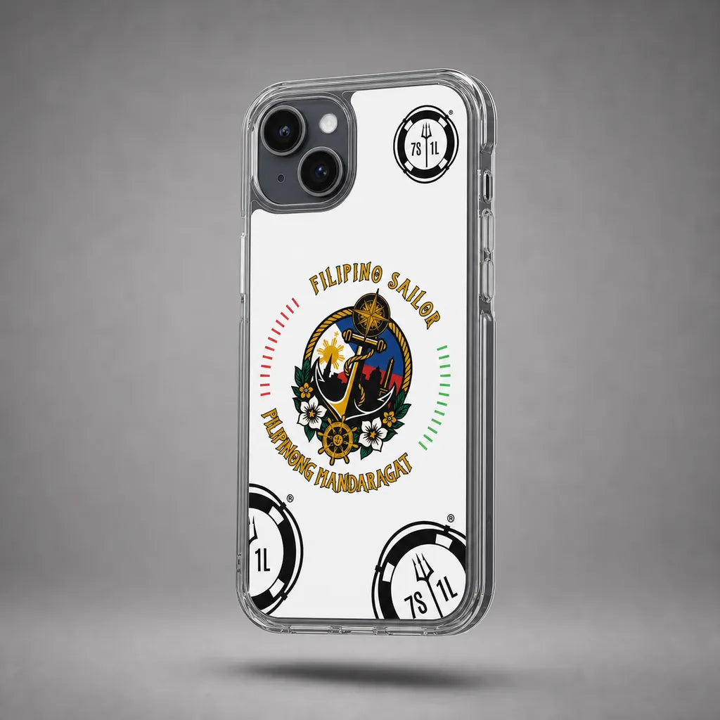 Clear Filipino Sailor case for iPhone 15 Plus with maritime anchor artwork, floating above a grey studio floor with a soft shadow.