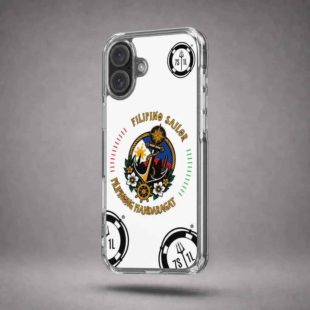 Clear Filipino Sailor case for iPhone 16 Plus with maritime anchor artwork, floating above a grey studio floor with a soft shadow.
