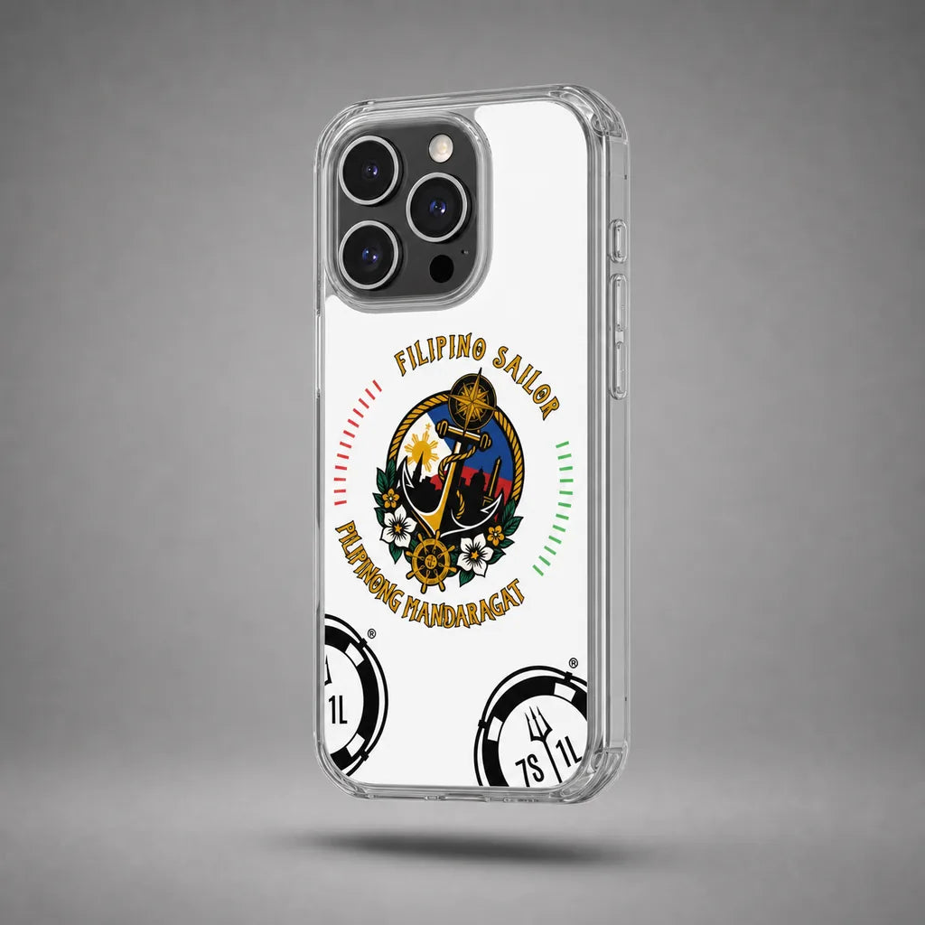 Clear Filipino Sailor case for iPhone 16 Pro with maritime anchor artwork, floating above a grey studio floor with a soft shadow.