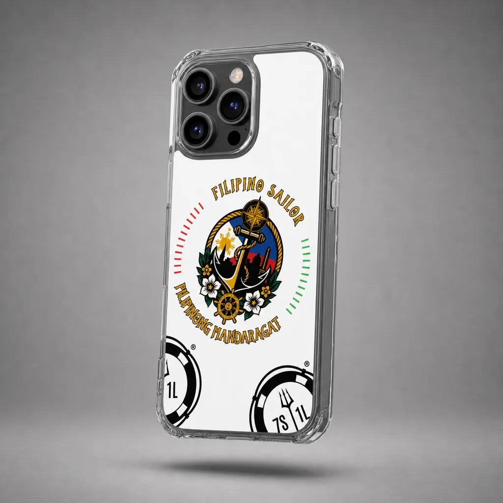Clear Filipino Sailor case for iPhone 16 Pro Max with maritime anchor artwork, floating above a grey studio floor with a soft shadow.